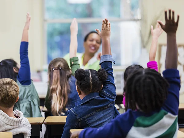 elementary school students raising their hands in class