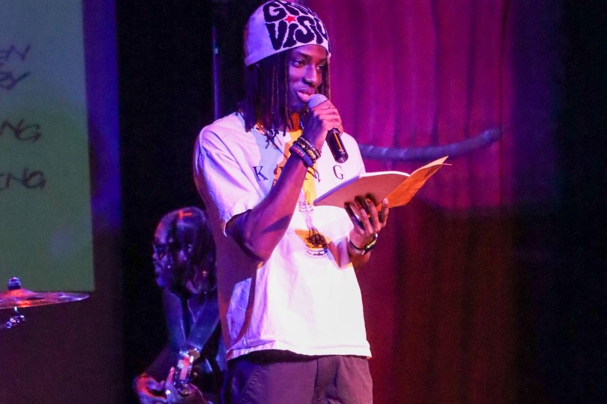 Gabriel delivering his spoken word piece